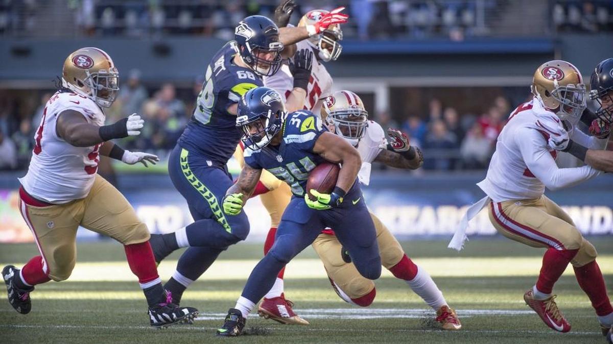 Seattle running back Thomas Rawls (34) breaks loose against San Francisco this past Sunday. Rawls set a Seahawks rookie rushing record with 206 yards in the game.