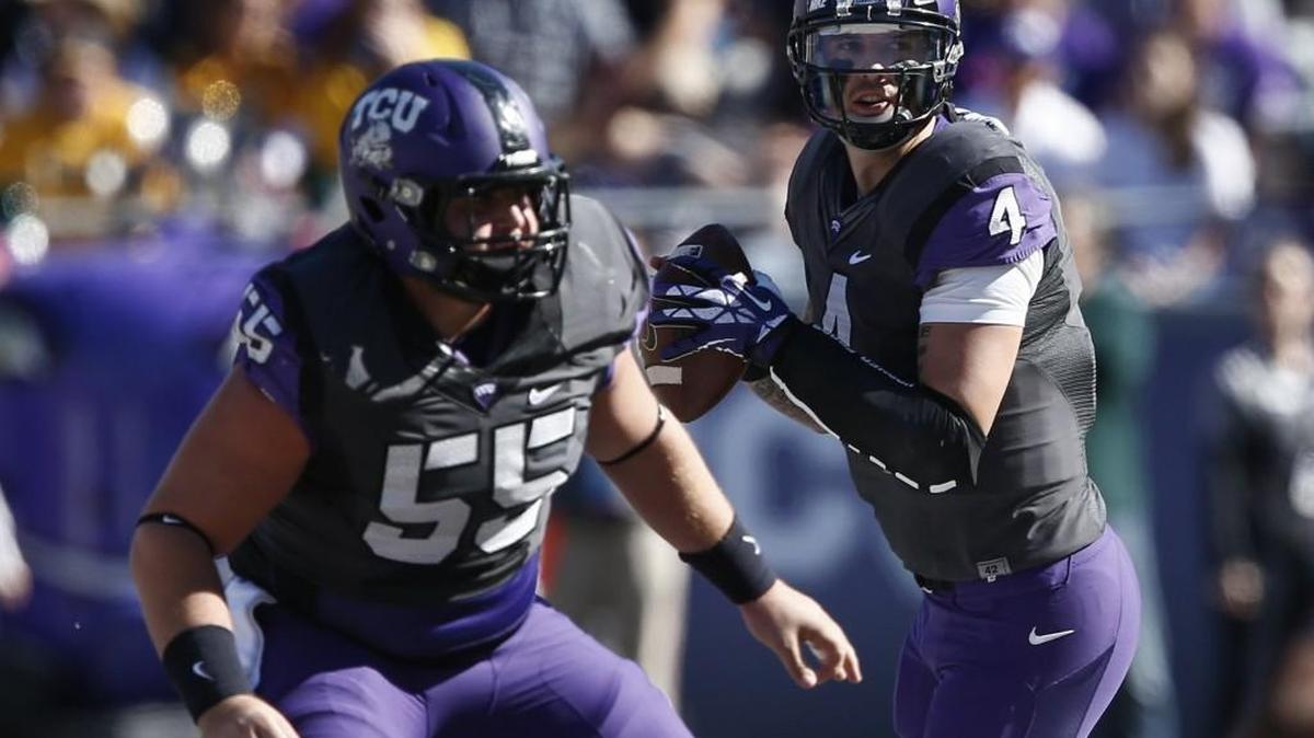 TCU quarterback Casey Pachall (4) prepares to throw a pass as TCU’s Joey Hunt (55) guards against West Virginia on Nov. 2, 2013, in Fort Worth, Texas. The Seahawks selected Hunt on Saturday with the No. 215 pick in the NFL Draft.