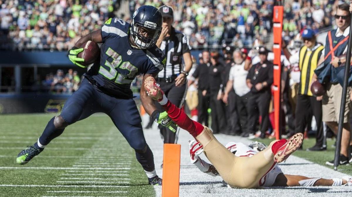 Seattle Seahawks running back Christine Michael (32) is knocked out of bounds just before the end zone in the third quarter Sunday against the San Francisco 49ers.