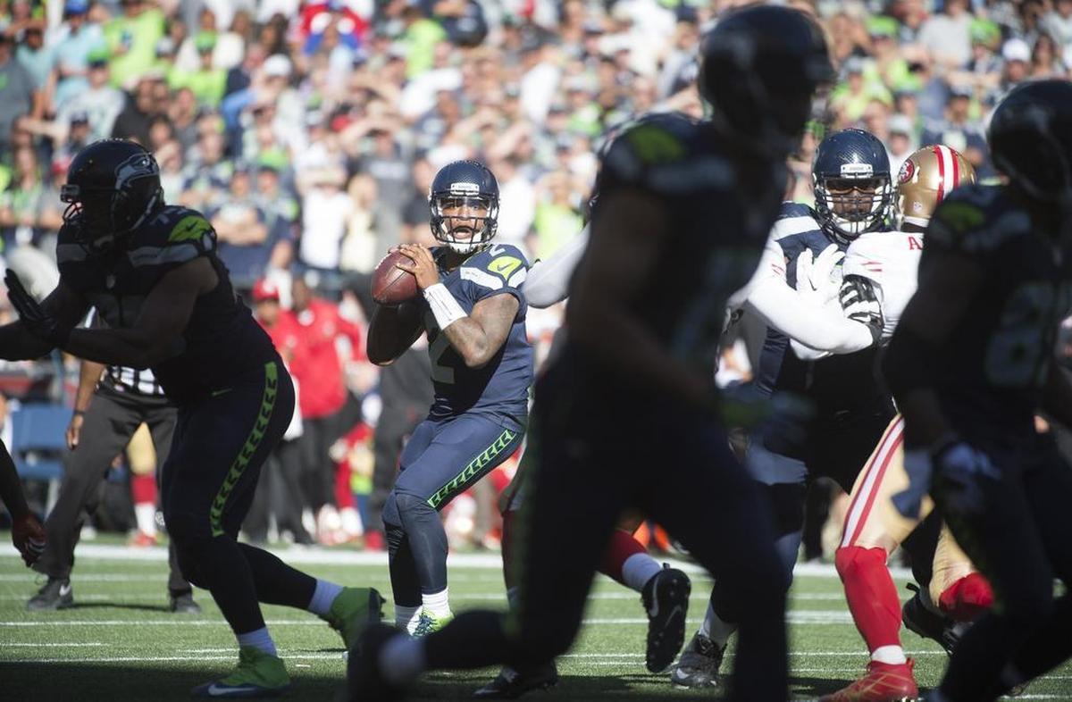 Seahawks quarterback Trevone Boykin looks to pass during Sunday’s NFL football game against the San Francisco 49ers at CenturyLink Field in Seattle on Sept. 25, 2016.