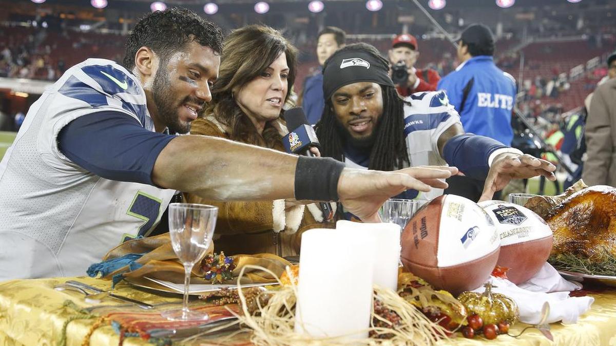 Cornrback Richard Sherman joined quarterback Russell Wilson and NBC sideline reporter Michele Tafoya last Thanksgiving after the Seahawks beat the San Francisco 49ers 19-3 in Santa Clara. Sherman was home with his 9-month-old son for this holiday on Thursday.
