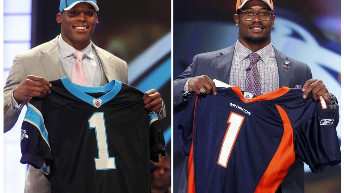 Carolina quarterback Cam Newton (left) and Denver pass rusher Von Miller were the first and second picks overall in the 2011 draft. Their duel Sunday will be the key matchup of Super Bowl 50.