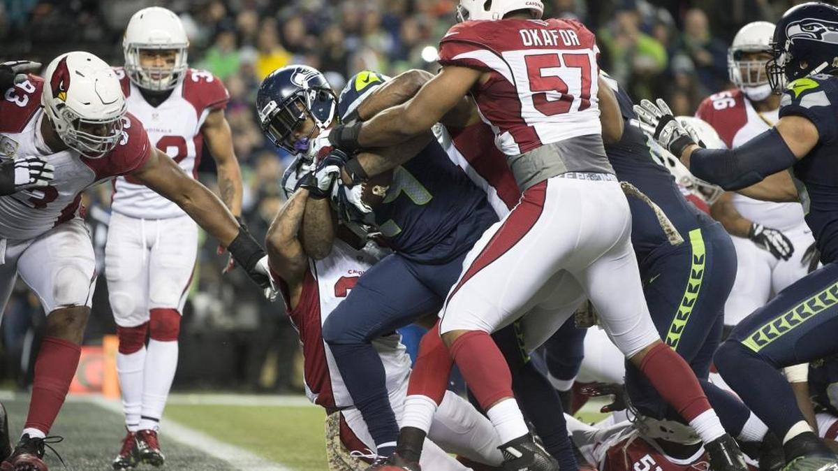 Marshawn Lynch’s abdomen looked OK on this touchdown run in last weekend’s loss to Arizona. He’s questionable again for today’s home game against San Francisco -- and the Seahawks again expect him to play.
