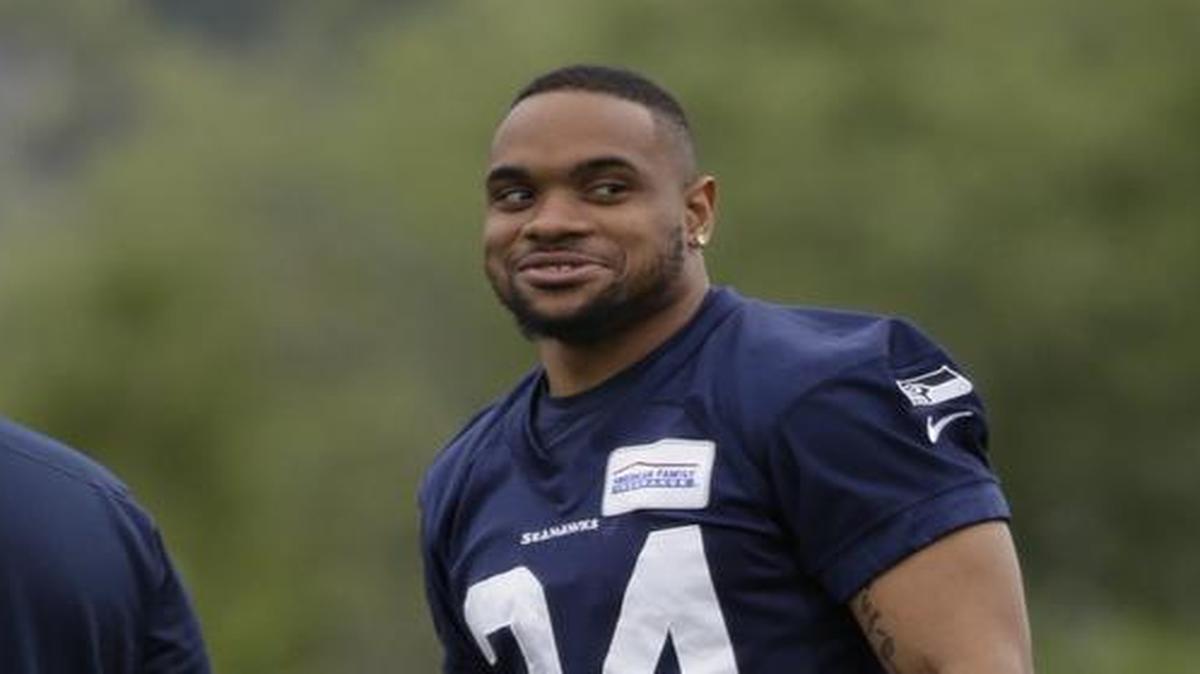 Thomas Rawls at Seahawks OTAs last week. Seattle’s new lead running back is recovering from a broken ankle and torn ligaments.