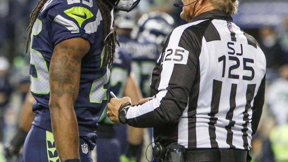 Seahawks cornerback Richard Sherman, here talking to an official during a break in the second quarter of Monday’s night win over Buffalo, has reportedly been fined by the NFL for his play on a controversial field goal against the Bills.