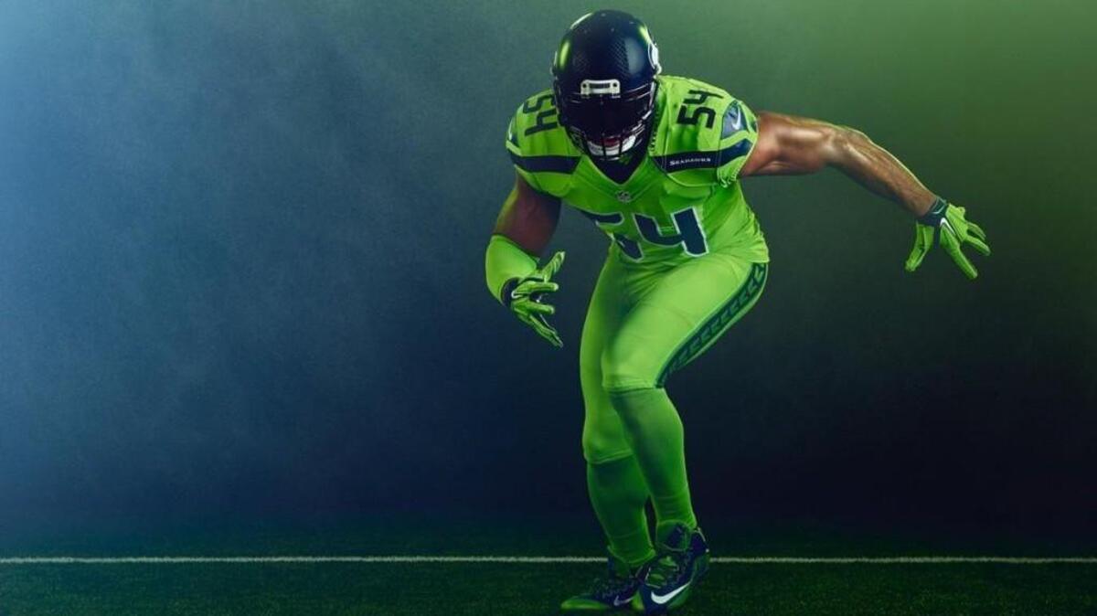 Linebacker Bobby Wagner depicted in the Seahawks’ “Action Green” uniforms the team will wear for their Dec. 15 home game against the Los Angeles Rams. The threads are part of the NFL’s “Color Rush” series for home teams on its featured, Thursday-night games.