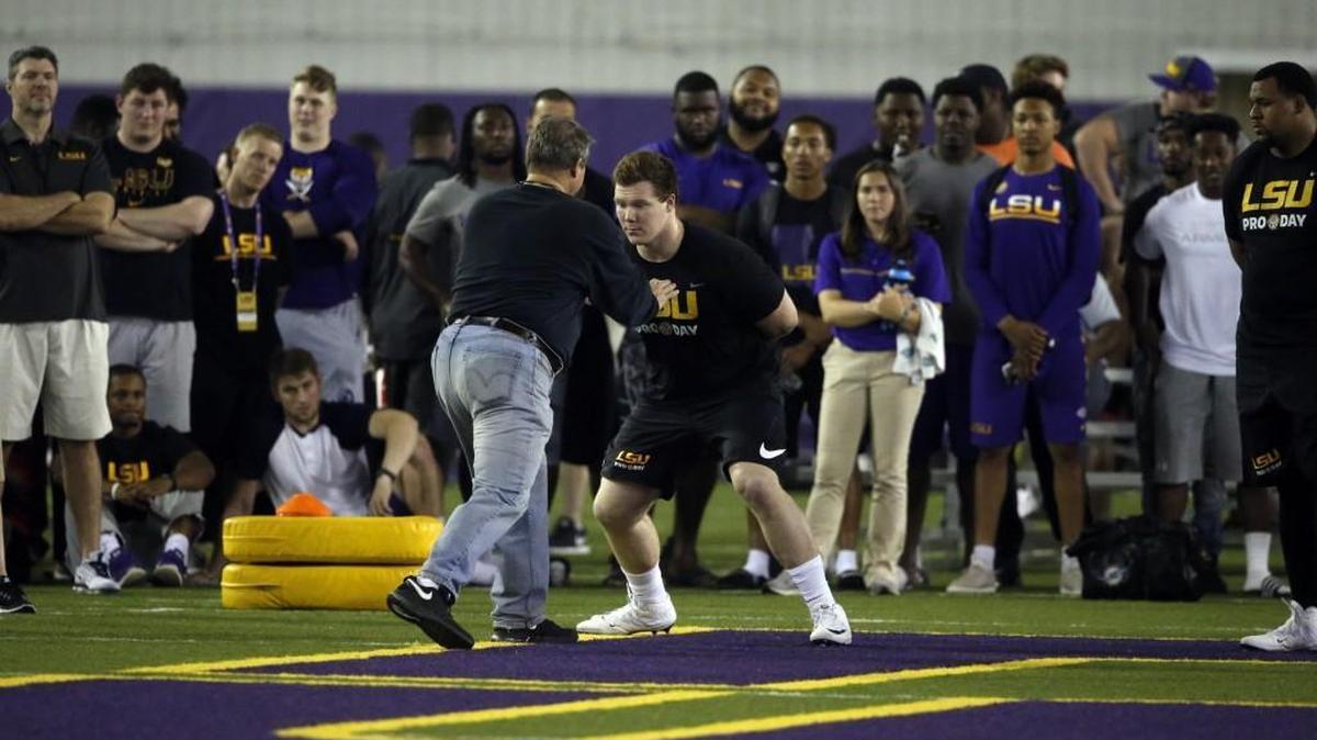 The Seahawks selected LSU offensive lineman Ethan Pocic, here at his Pro Day in Baton Rouge, La., this month, with the 58th overall pick on Friday’s second round of the NFL draft. Seattle values his ability to play center, guard and tackle.