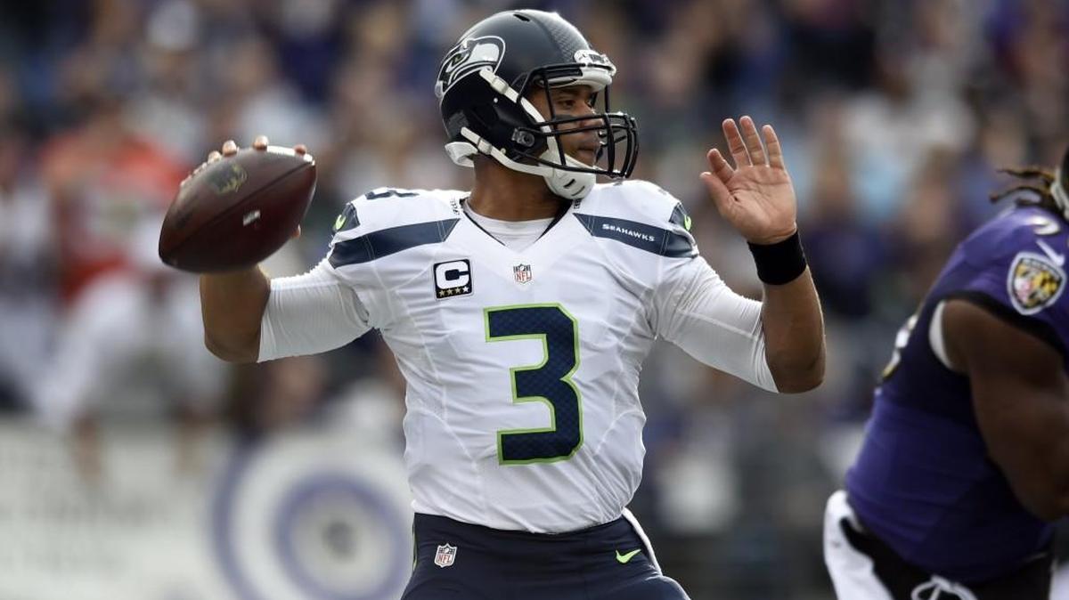 Seattle Seahawks quarterback Russell Wilson (3) looks to pass during the first half an NFL football game against the Baltimore Ravens, Sunday, Dec. 13, 2015, in Baltimore.