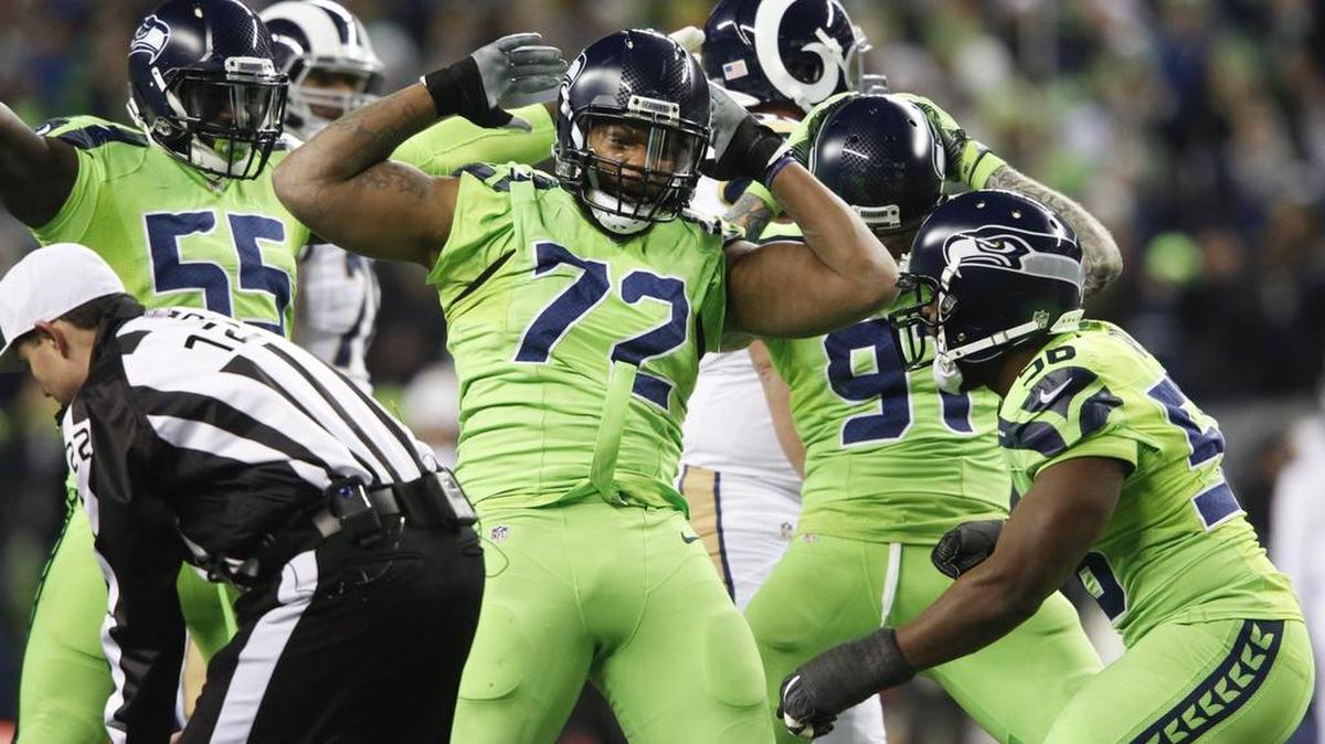 Seahawks defensive end Michael Bennett (72) celebrates a sack of Rams quarterback Jared Goff in last week’s 24-3 Seattle victory. Bennett earned a 15-yard penalty from the dance.