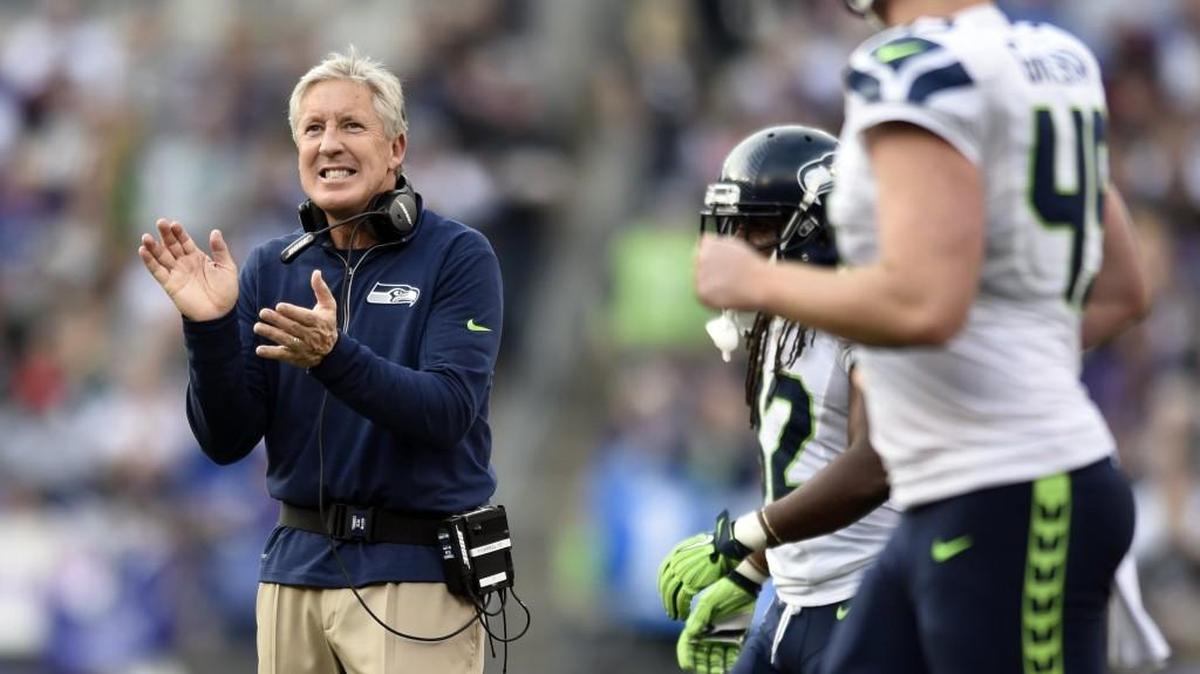 Seattle coach Pete Carroll encourages his team on Dec. 13, 2015, during the second half against Baltimore. Carroll wants his players to be themselves with the team because he feels that is the best way for them to reach their potential.