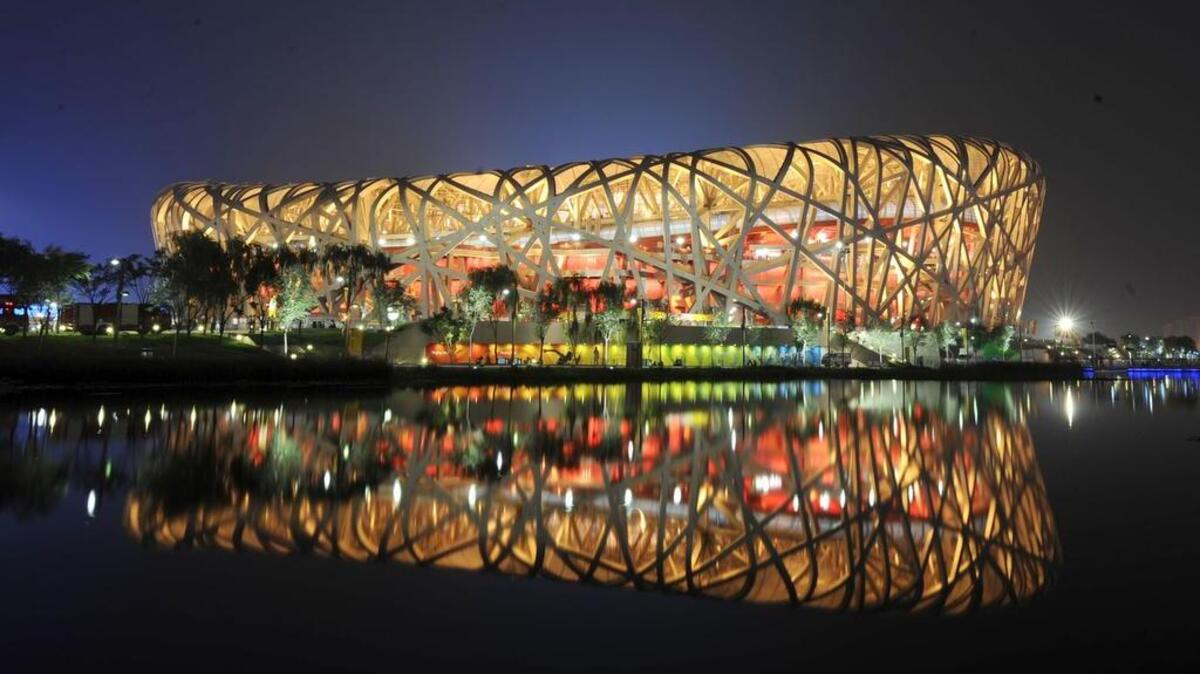 
Beijing National Stadium, also know as the Bird’s Nest, is lit up Aug. 5, 2008, for a dress rehearsal of the Olympic Games opening ceremonies.
