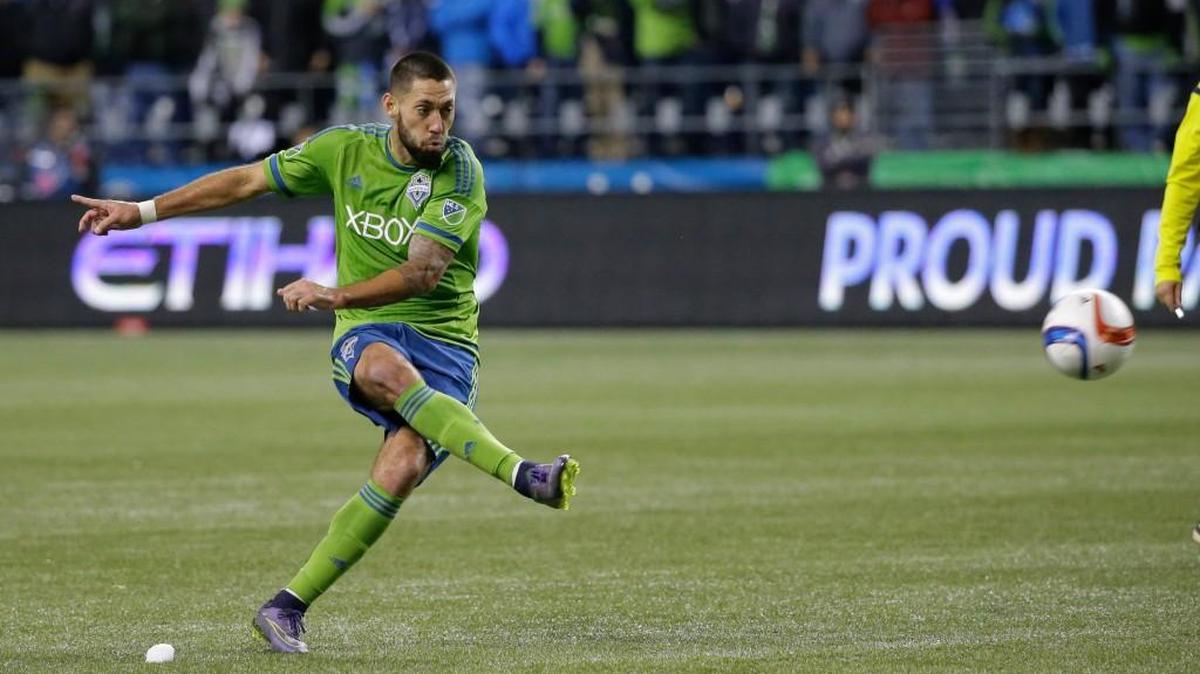 The Sounders' Clint Dempsey kicks a free-kick goal against FC Dallas in Seattle’s 2-1 win in the first leg of the MLS Western Conference semifinal this past Sunday. Sounders play FC Dallas again on Sunday.