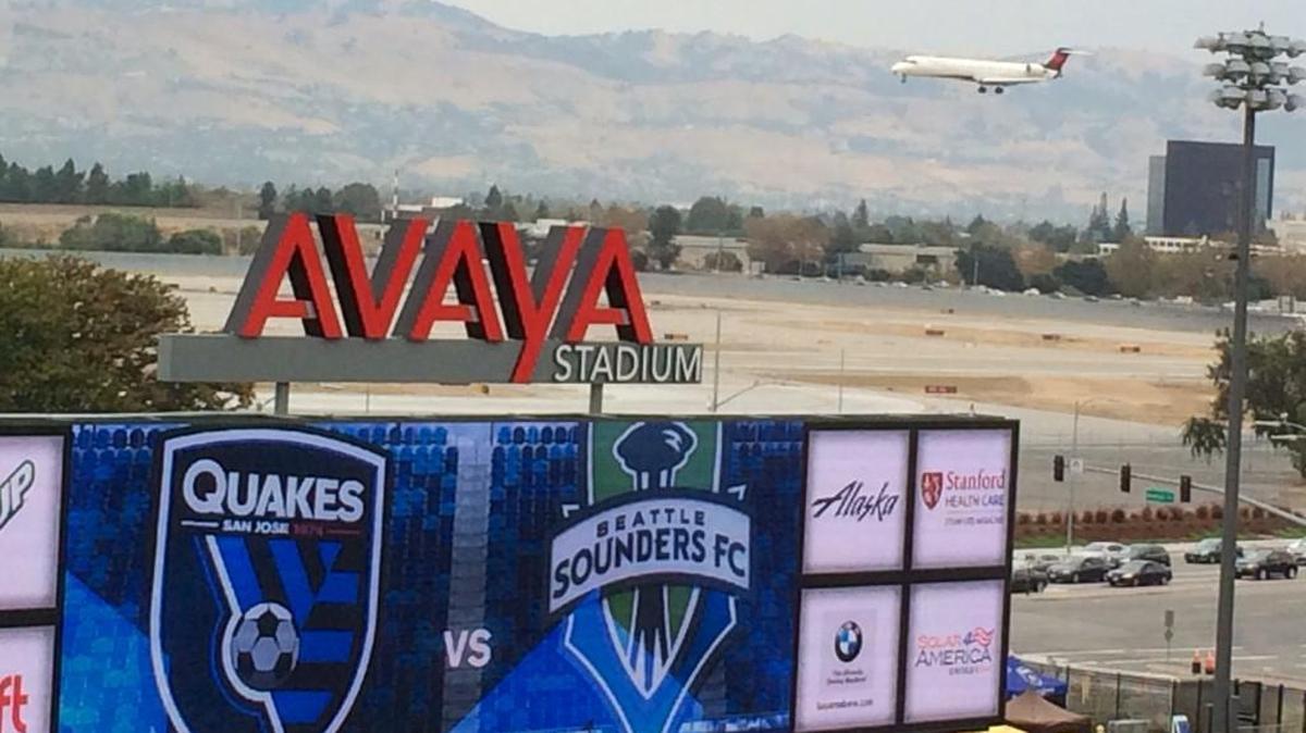 
A plane prepares to land just across the street from Avaya Stadium, the new home of the San Jose Earthquakes, where the Seattle Sounders played for the first time.
