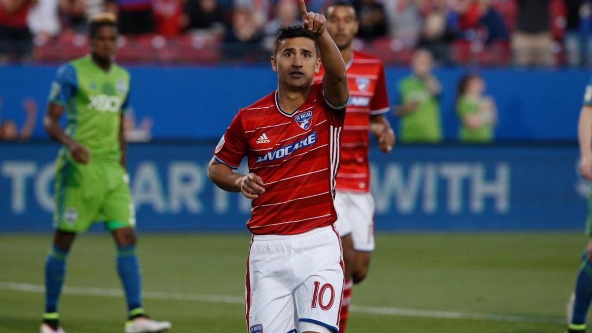 FC Dallas midfielder Mauro Diaz (10) points after a goal against the Seattle Sounders during an MLS soccer game Saturday, May 14, 2016, in Frisco, Texas.