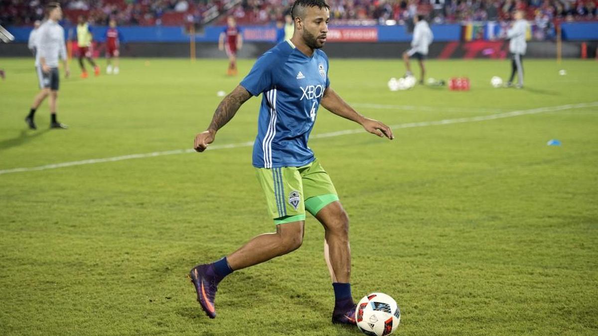 Seattle Sounders defender Tyrone Mears warms up before a 2016 playoff against FC Dallas. With Mears having been dealt to Atlanta and Brad Evans injured, the Sounders have struggled to fill that position.