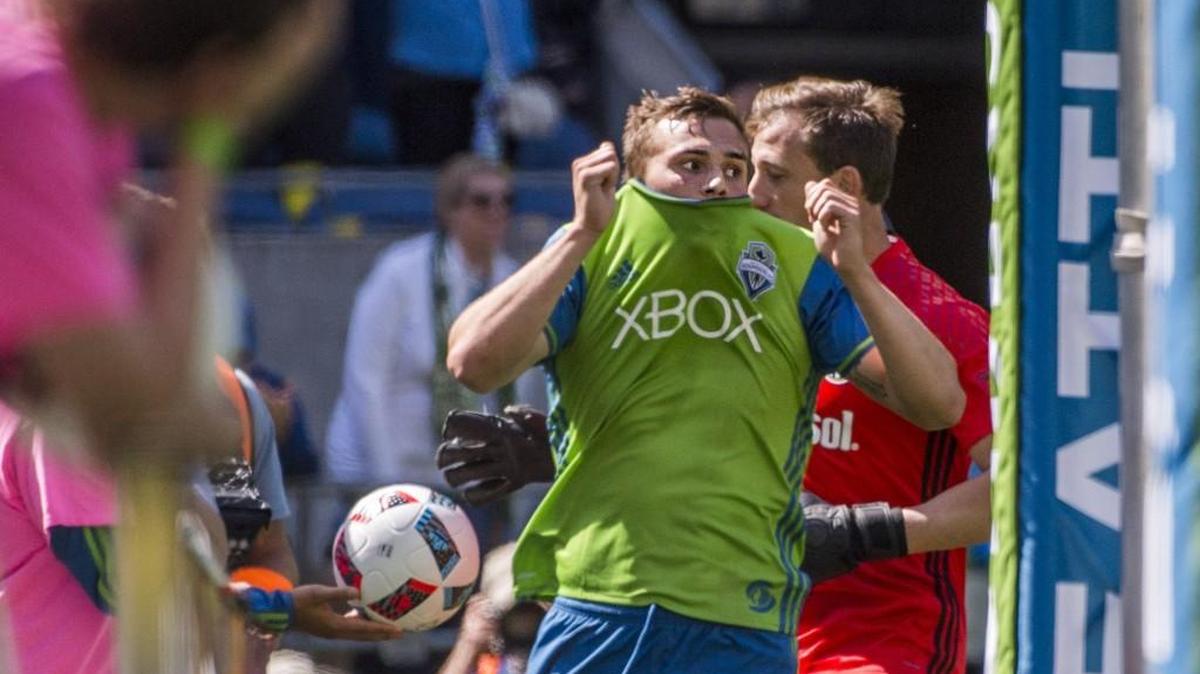 Seattle forward Jordan Morris hides his face momentarily after missing a scoring opportunity against Columbus this past Saturday. Morris, who leads the Sounders with three goals scored, will miss out on a road trip due to call ups from the U.S. National Team.
