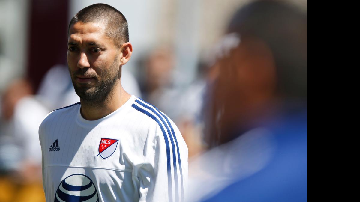 
Seattle Sounders forward and MLS All-Star Clint Dempsey looks on during a practice for the MLS Soccer All-Star game on Tuesday in Commerce City, Colo. 

