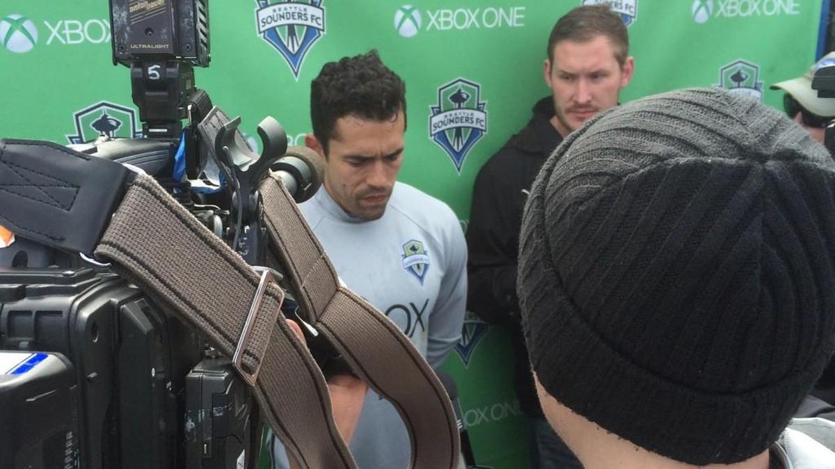 Forward Herculez Gomez speaks with media after his first training session since the annoucement of his signing with Seattle Sounders FC on Thursday.