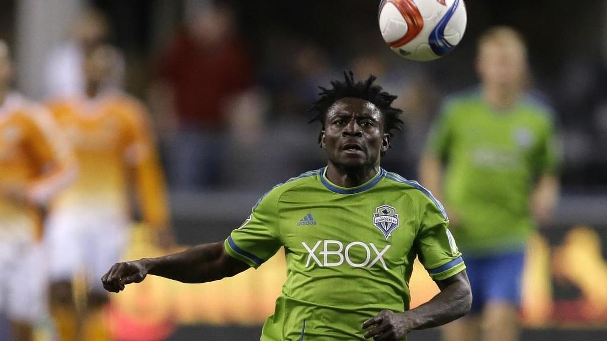 Former Sounder Obafemi Martins in 2015 MLS action against the Houston Dynamo in Seattle.