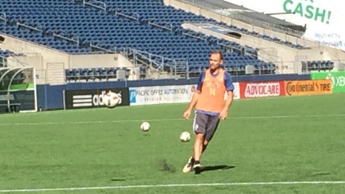 Chad Marshall on the attacking end at Sounders training last week at CenturyLink Field.