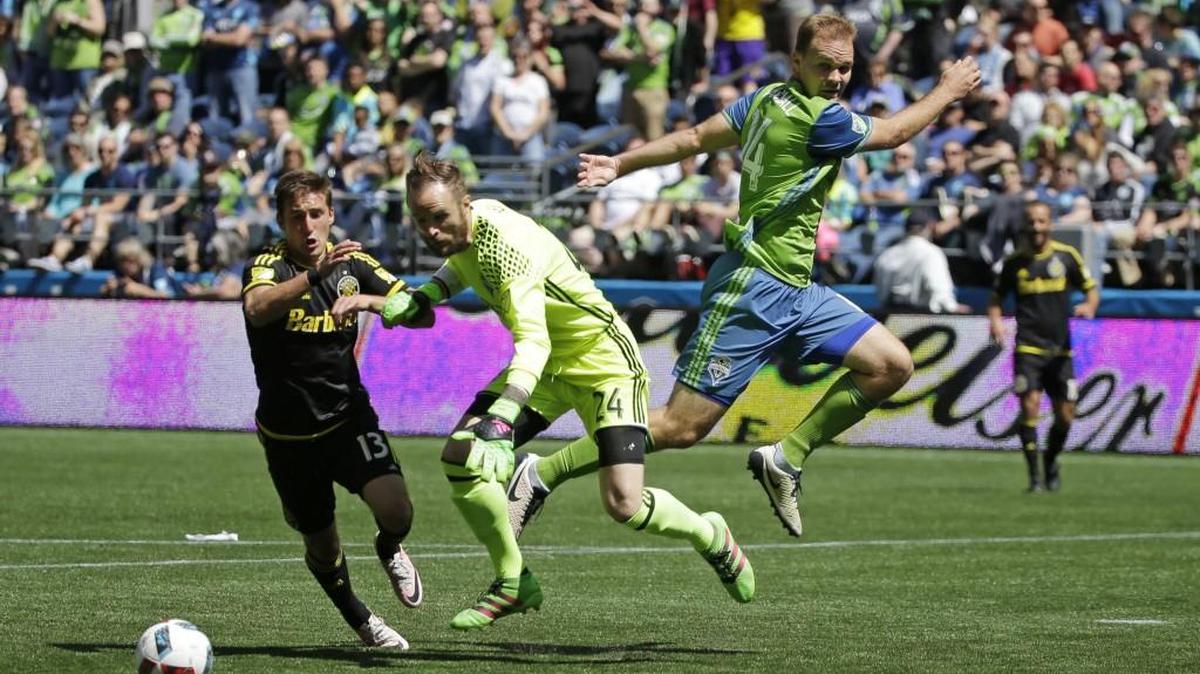 Seattle Sounders centerback Chad Marshall, at right here against Columbus, was held out of training Thursday with an undisclosed health issue from which he is “feeling much, much better.”