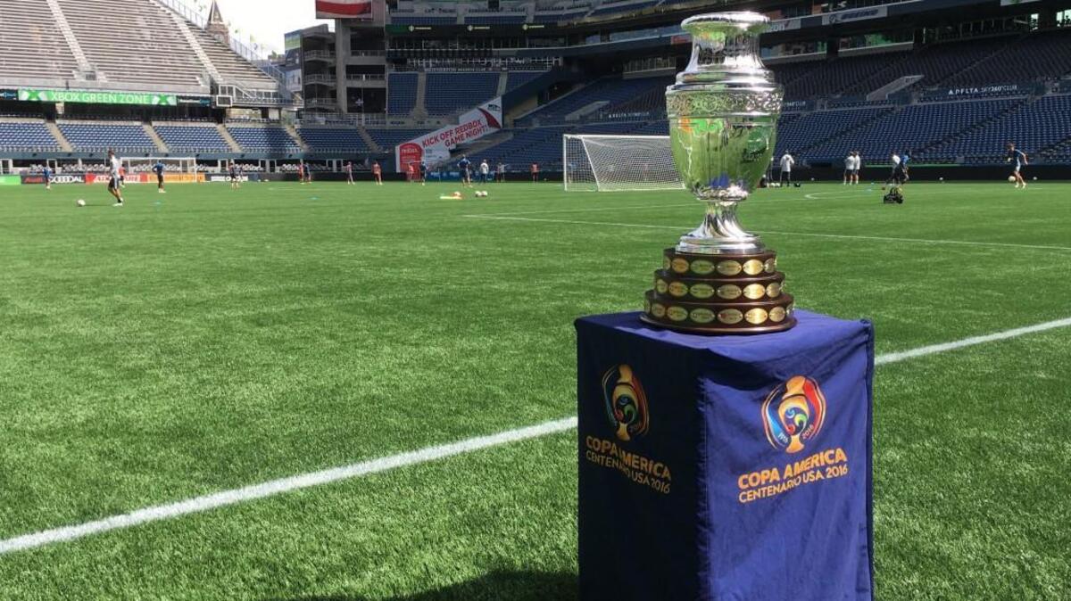 Copa America Centenario trophy beside the pitch at CenturyLink Field during Sounders training Thursday.