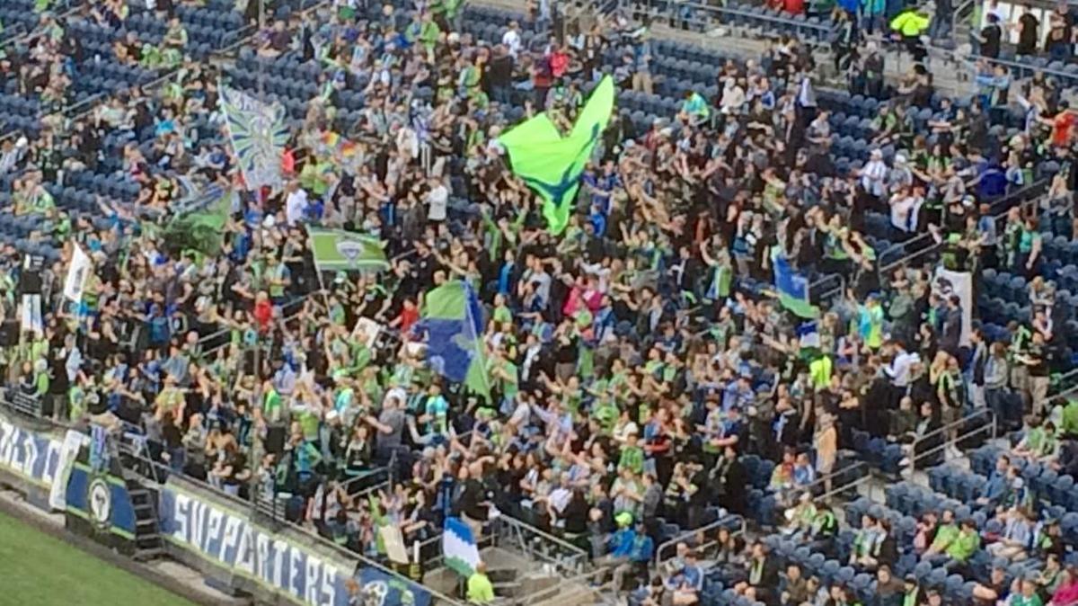 Sounders supporters in south end of CenturyLink Field before Montreal Impact match.
