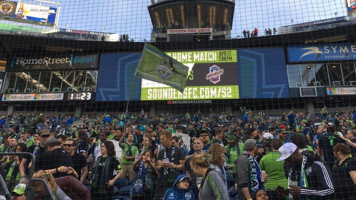 Supporters section in south end of CenturyLink Field at Sounders match vs. Philadelphia Union last weekend.