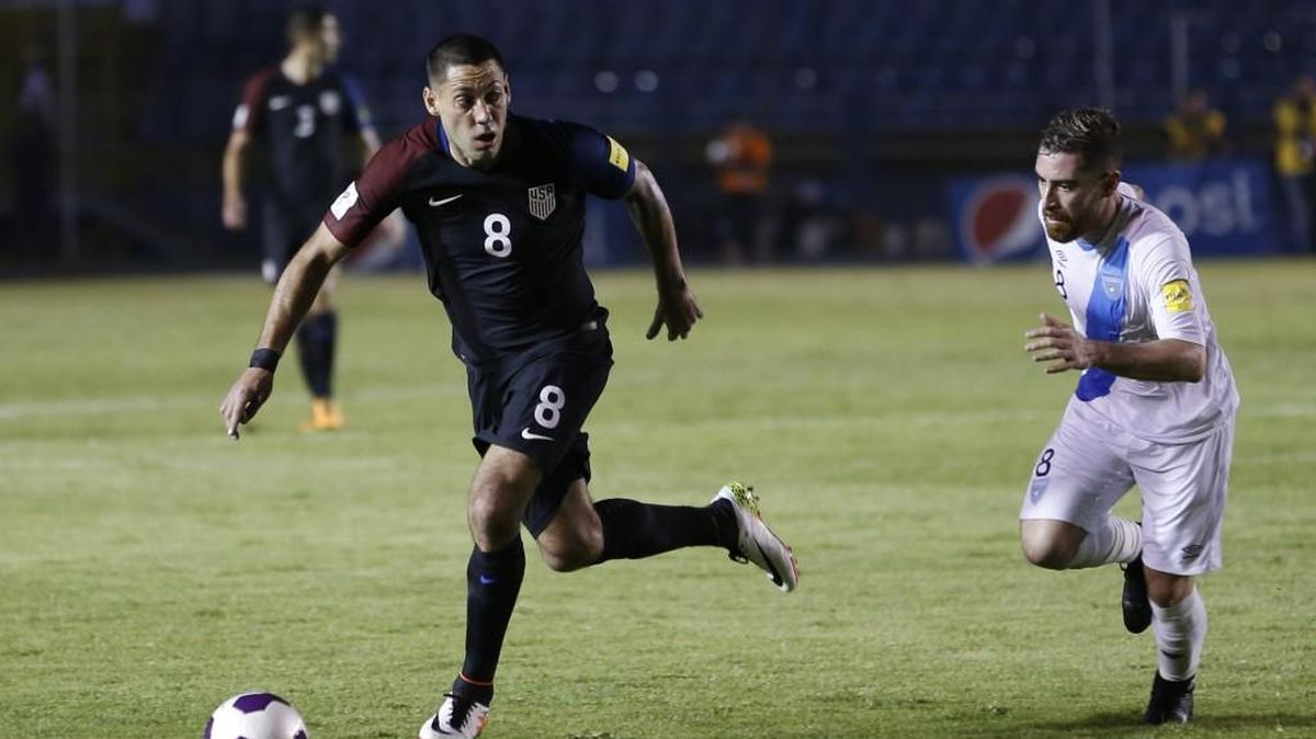 United States' Clint Dempsey, left, and Guatemala's Jean Marquez fight for the ball during a 2018 Russia World Cup qualifying soccer match at Mateo Flores Stadium in Guatemala City on Friday.