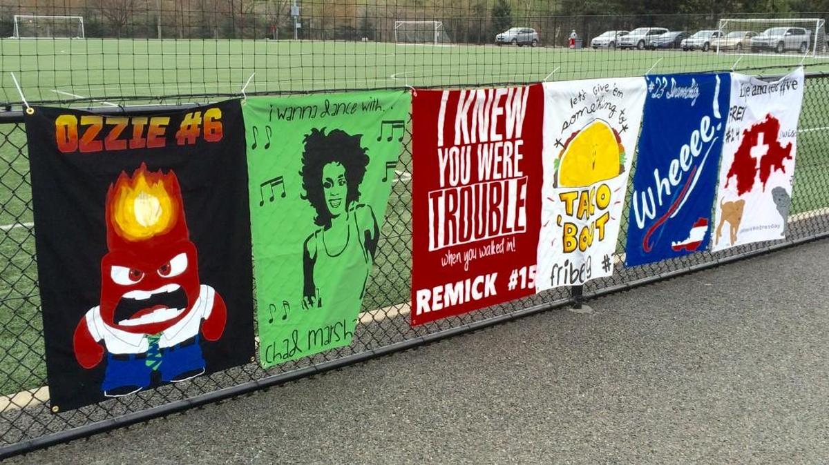 These posters created by Sounders fan Heather Stewart greeted the players today as they trained at Starfire Sports Complex in Tukwila.