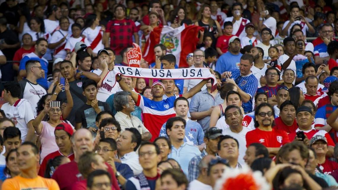 
A supporter of Team USA hold up his USA scarf in the stands at RFK stadium in Washington prior to the start of an international friendly soccer match between Peru and the U.S., Friday. 
