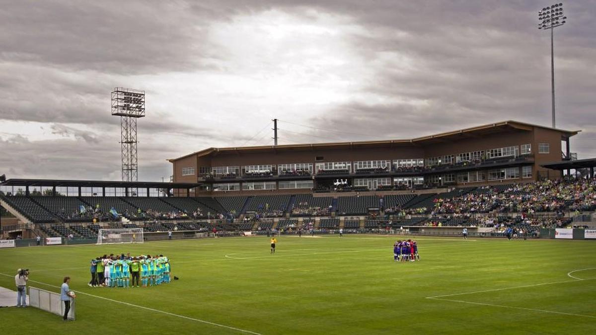 Seattle Sounders reserves and Orlando City before an MLS Reserve League game at Cheney Stadium in 2013.