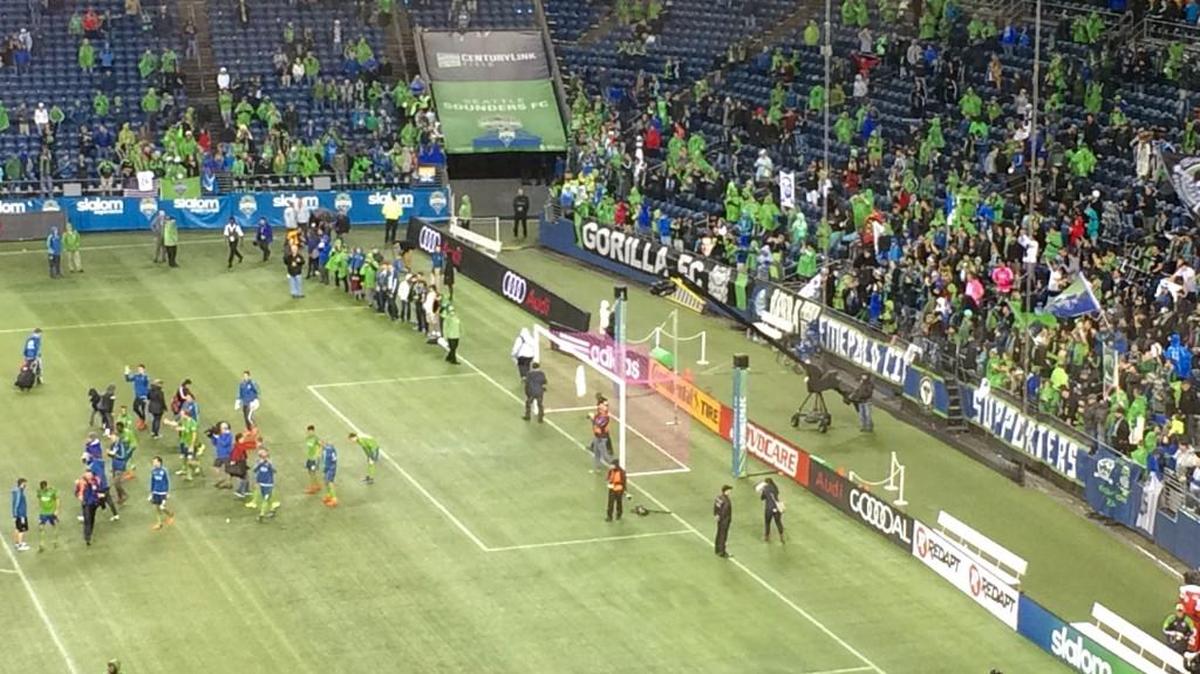 Sounders celebrate with CenturyLink Field fans after 3-1 win over Real Salt Lake clinched a seventh straight playoff spot.
