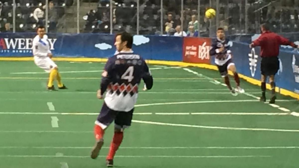 Tacoma Stars Tony Peterson (4) in dark Military Appreciation Night kit, against San Diego Sockers.