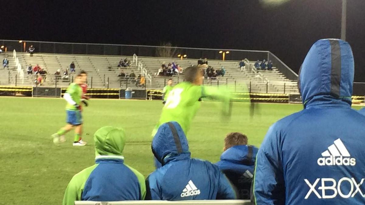 Sounder launches a late throw-in during Seattle’s 1-0 win over FC Tucson in a 45-minute match tonight.