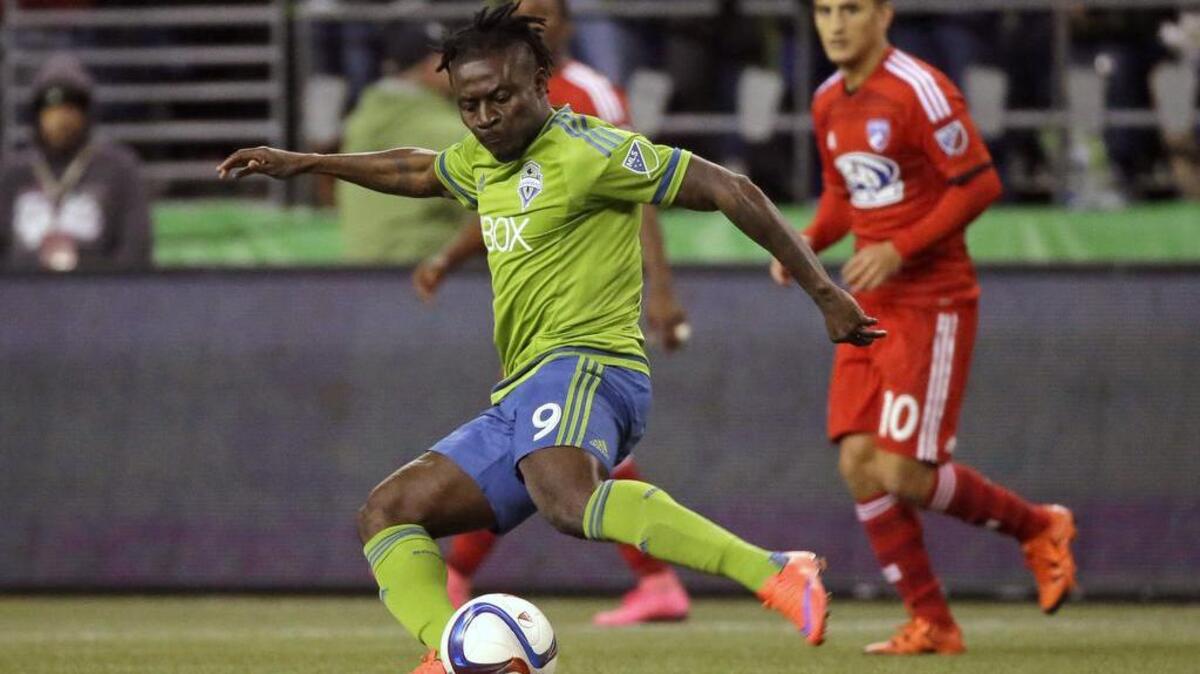 Seattle Sounders forward Obafemi Martins (9) has been called to international duty with the Nigeria national team.