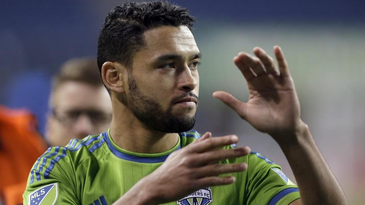 Federal Way native Lamar Neagle applauding after Sounders’ match against the Houston Dynamo last season in Seattle.