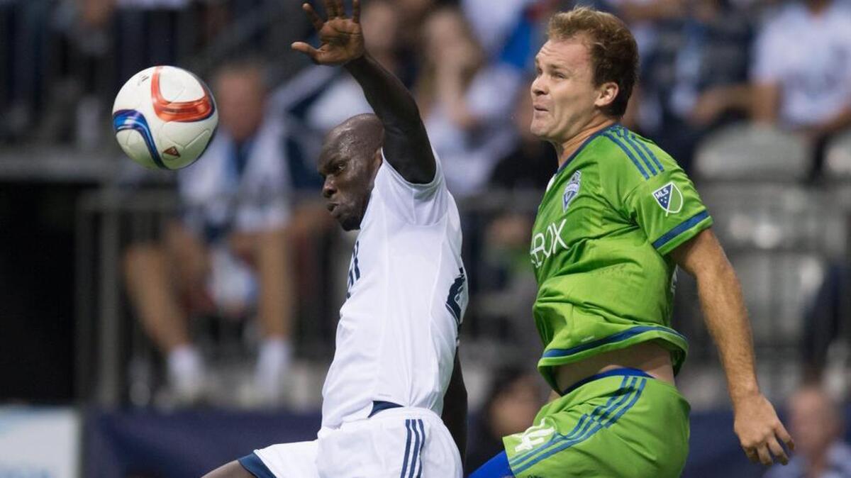 
Sounders' Chad Marshall in MLS action at Vancouver on Sept. 19, 2015.
