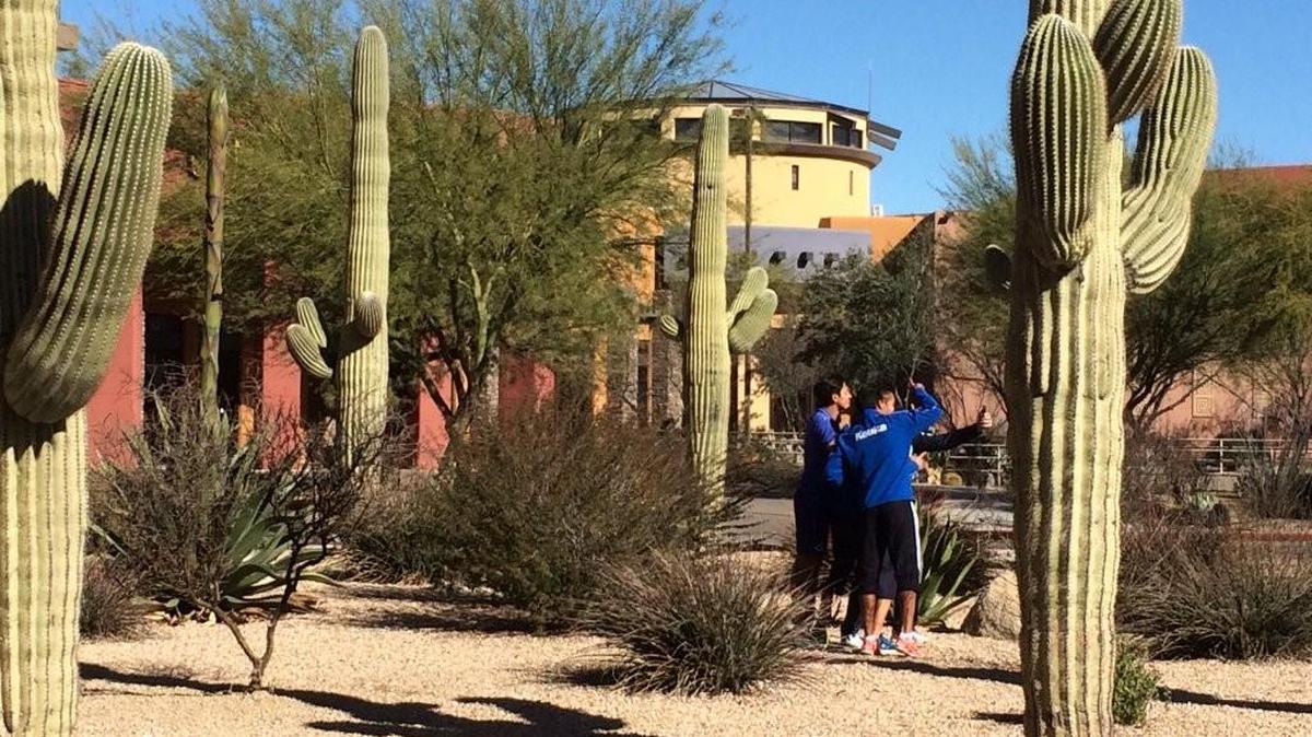 Members of Mexican second-division side Celaya FC take a selfie at the team hotel before heading to Tucson’s Kino Sports Complex to face the Sounders.