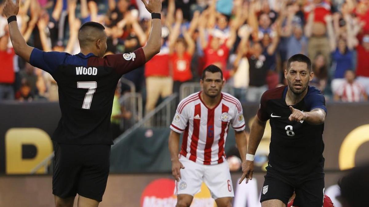 United States' Clint Dempsey (8), Bobby Wood (7) and Paraguay's Miguel Samudio (6) react after Dempsey's goal during the first half of a Copa America Group A soccer match Saturday. The USA’s next game will be Thursday at CenturyLink Field.