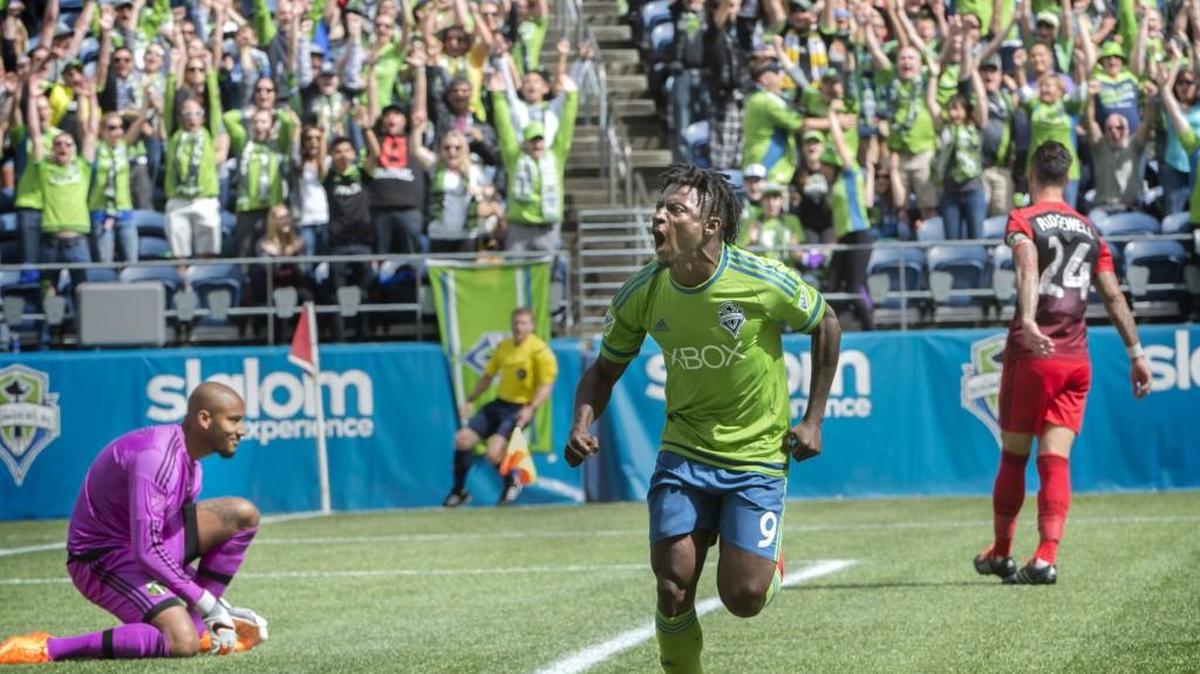 
Sounder's Obafemi Martins, shown here after first goal vs. Portland on Sunday, could be joined this week by Clint Dempsey and Nelson Valdez.

