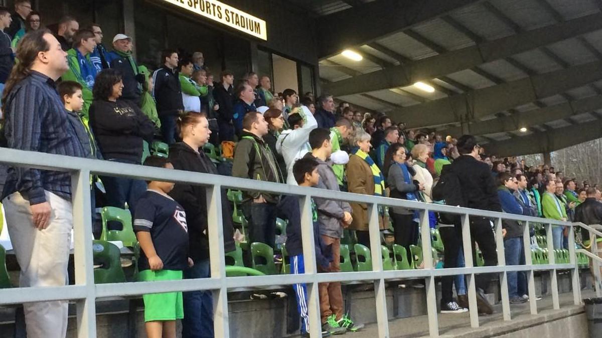 Crowd stands for national anthem before S2 home opener last month at Stafire Sports Stadium.
