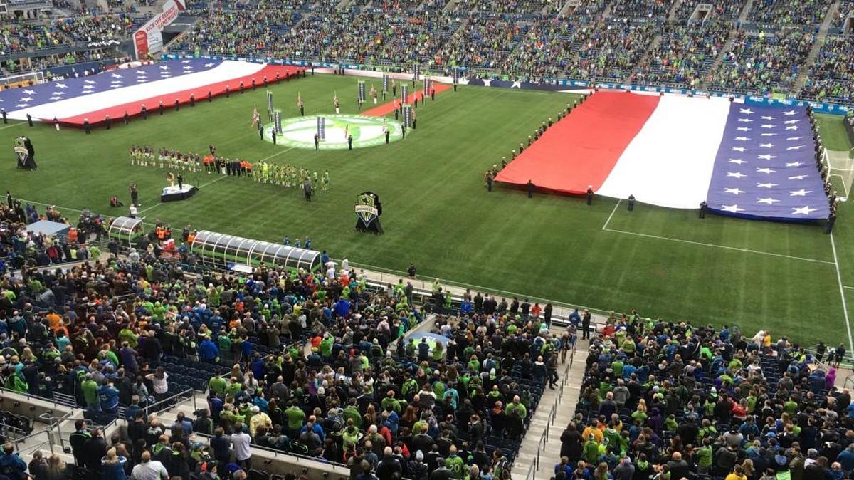 Sounders-Rapid celebrate Salute to Armed Forces before crowd of 41,028 at CenturyLink Field.