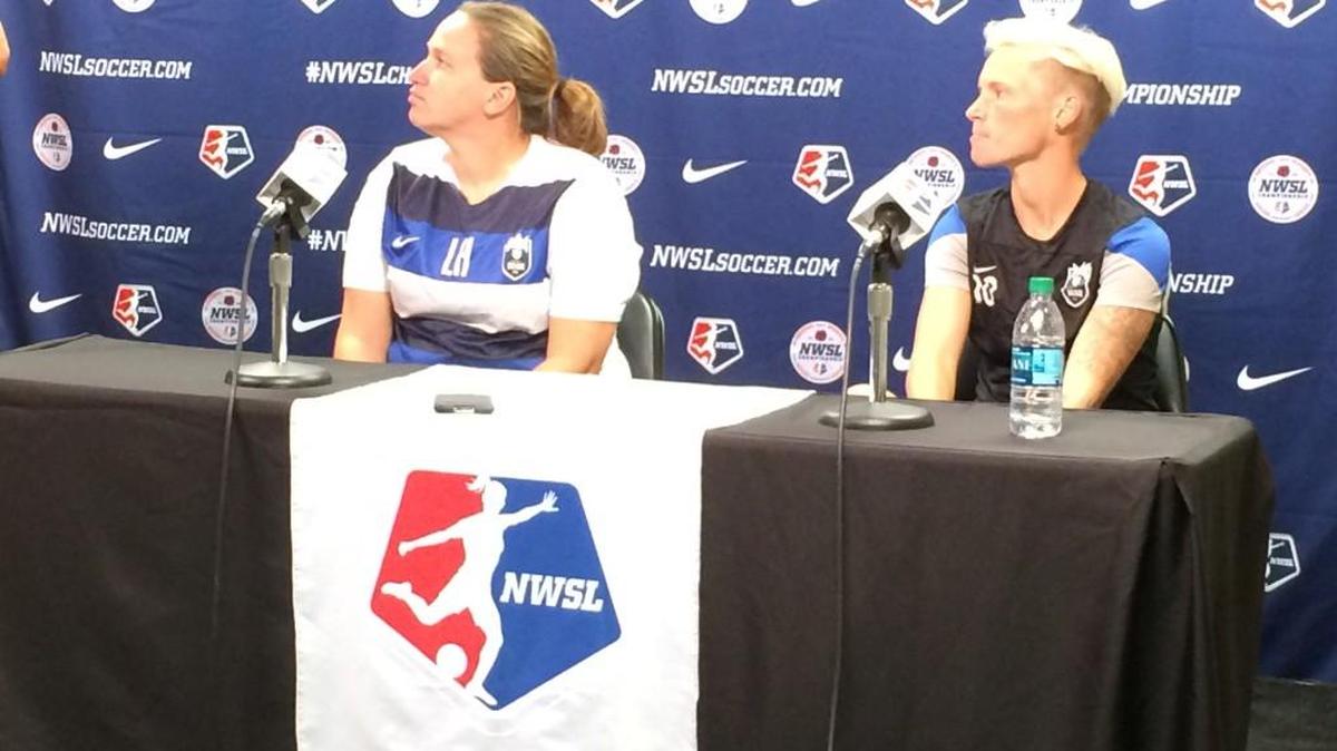 
Seattle Reign coach Laura Harvey and player Jessica Fishlock at pre-final press conference today in Portland.

