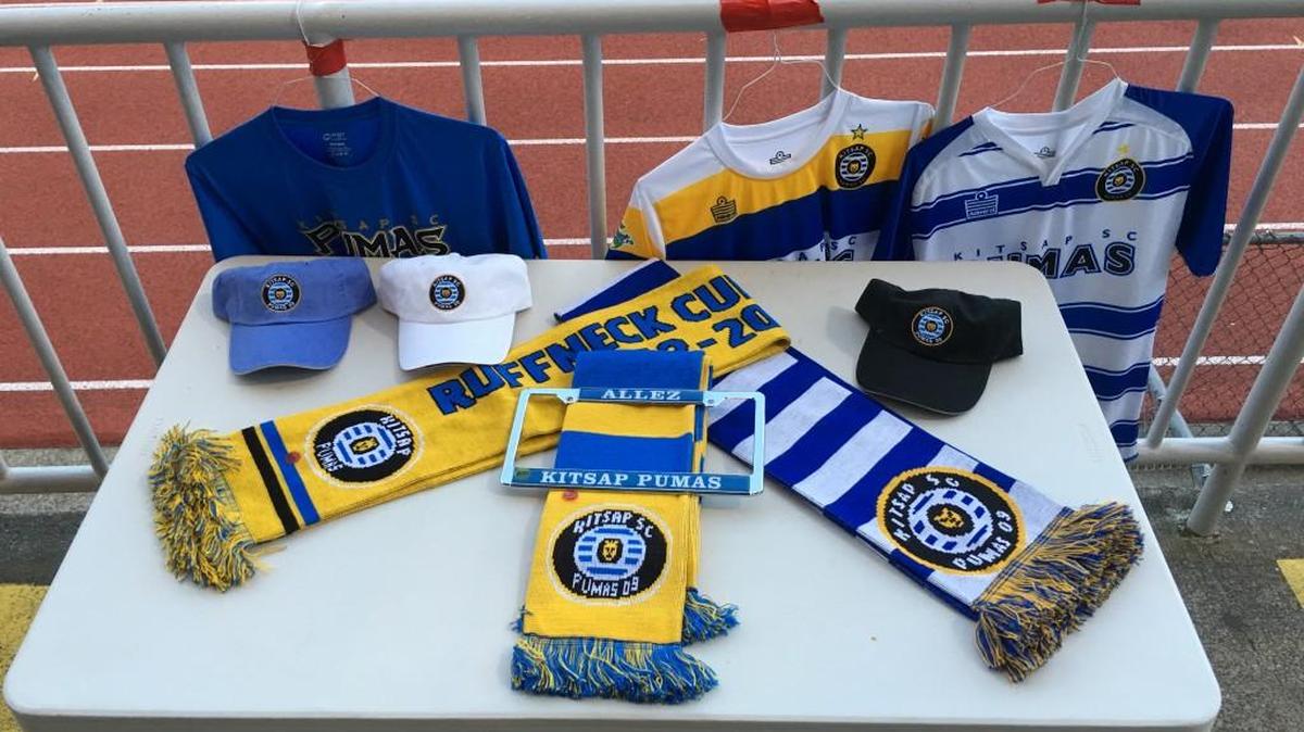 Kitsap Pumas merchandise table from their second-round U.S. Open Cup home match against the Sounders U-23.