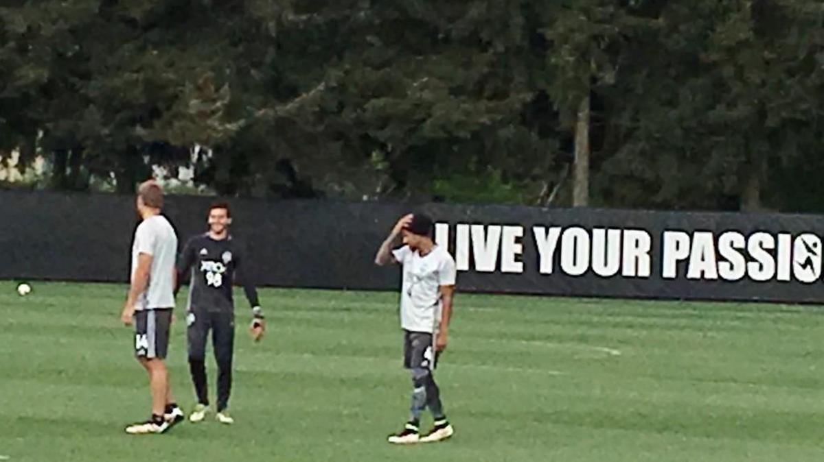 Sounders veteran defender Chad Marshall (left) and Tyrone Mears (right) stick around for individual work after the end of training today at Starfire.