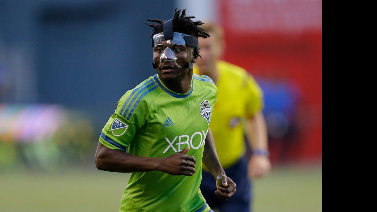 
Seattle Sounders forward Obafemi Martins played with a protective mask to protect a broken nose earlier this season but he’s currently sidelined by a groin injury.
