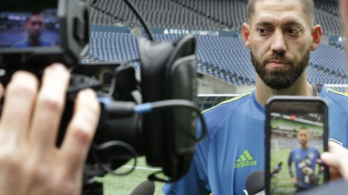 Seattle Sounders forward Clint Dempsey talks to reporters during a training session in Seattle on Friday. Dempsey missed the end of Sounders’ run to the MLS Cup last season with an irregular heartbeat.