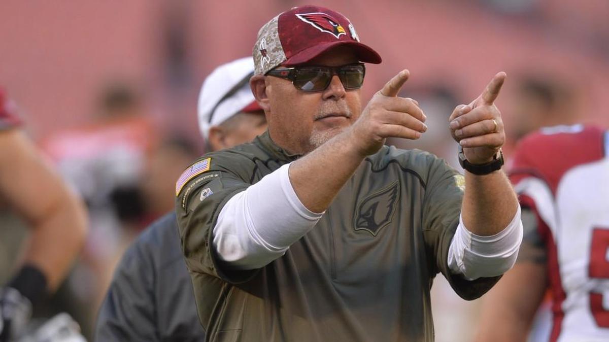 Cardinals coach Bruce Arians celebrates after his team defeated Cleveland earlier this season. Arizona plays at Seattle on Sunday Night Football, in a game that will go a long way toward deciding the NFC West.