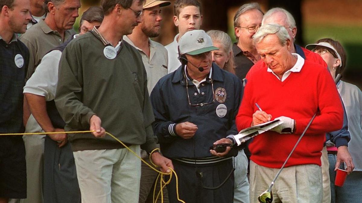 Arnold Palmer holds court on the 18th fairway at Inglewood Country Club in Kenmore. Teeing-off at 7 a.m., Palmer played a nine hole exhibition with Dave Stockton before an 18-hole event later in the day.